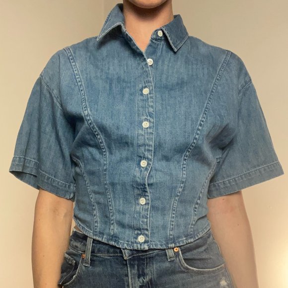FRAME Corset Denim Blouse with Midi-Sleeve - Picture 13 of 15
